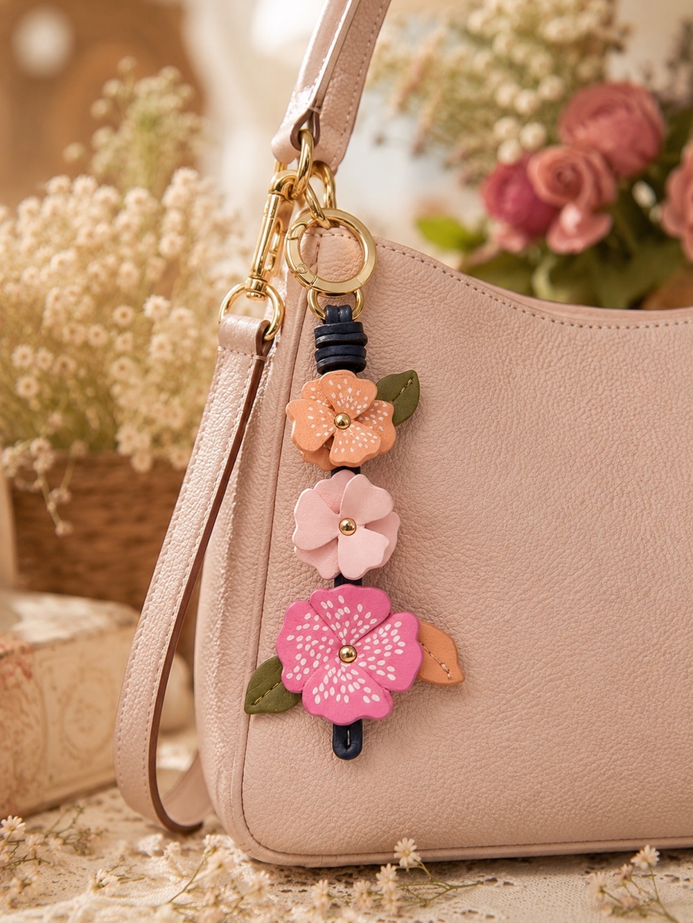 Pastel Pink Stacked Floral Bag Charm - Picture 2 of 5